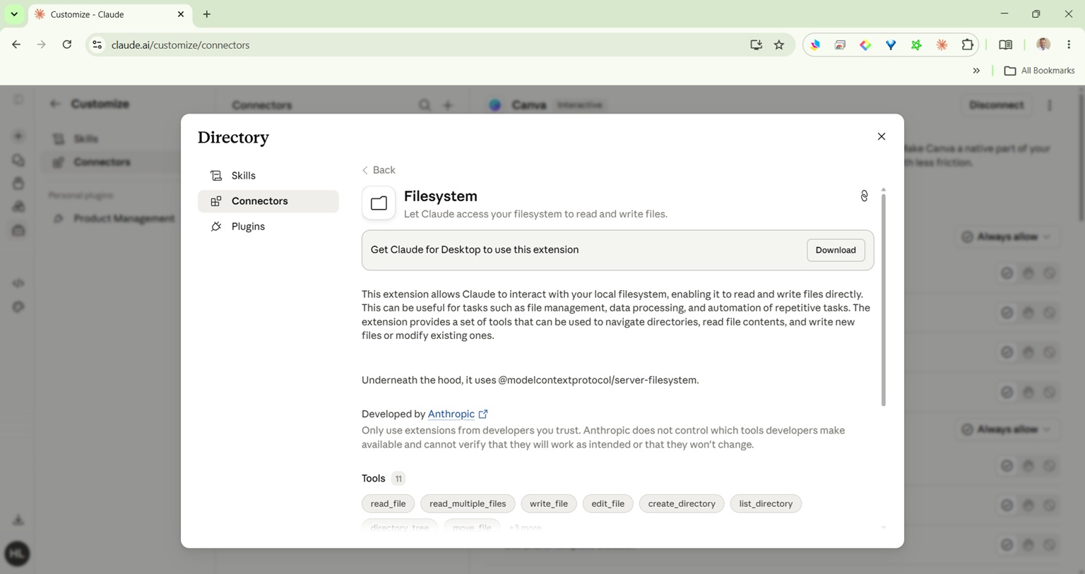 Claude Desktop Settings showing the GUI connector installer