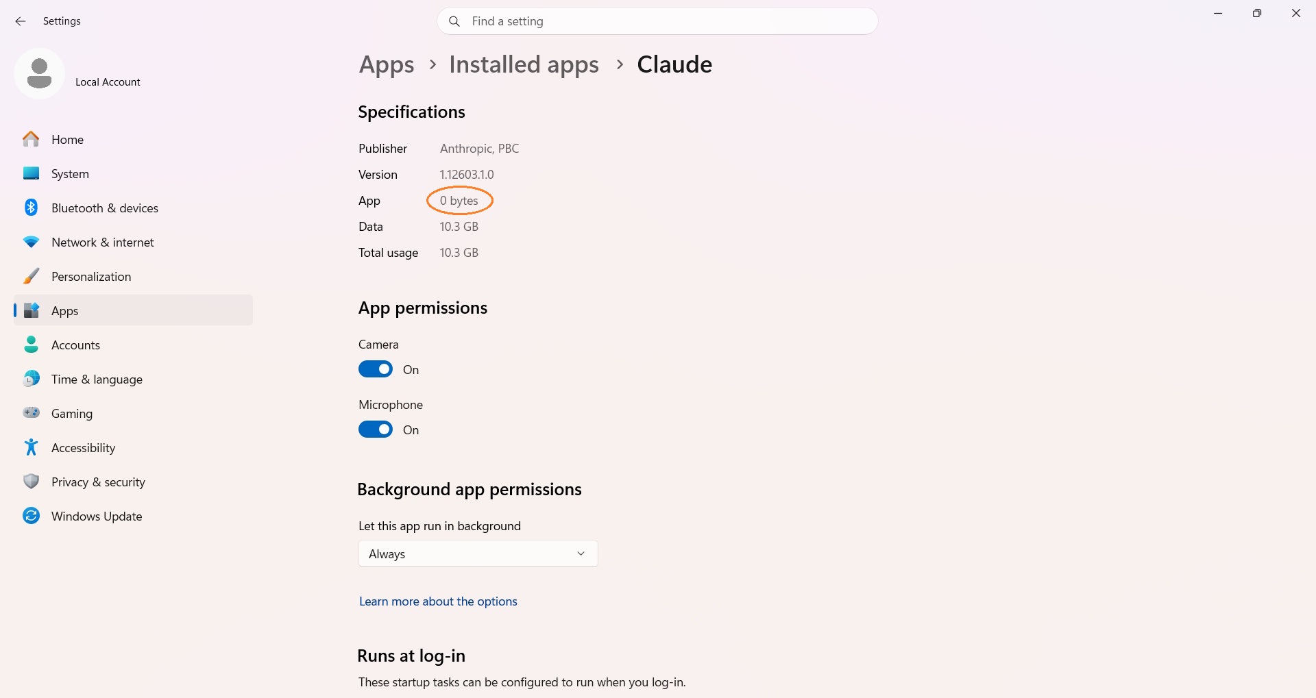 Windows Settings showing Claude App: 0 bytes — confirming MSIX install